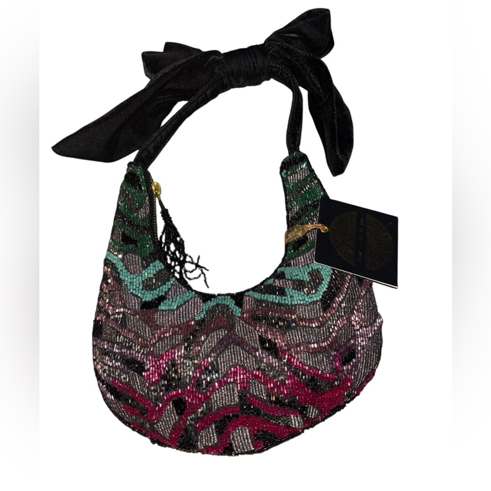From India to you beaded shoulder Bag with velvet strap